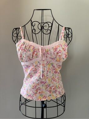 Pink Floral Lace Trim Cami Top, NWT